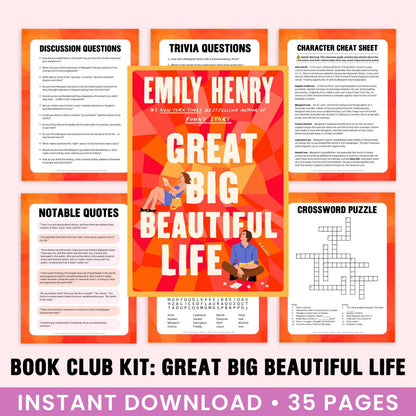 Book Club Kit for 'Great Big Beautiful Life' by Emily Henry with various activities on a white background.