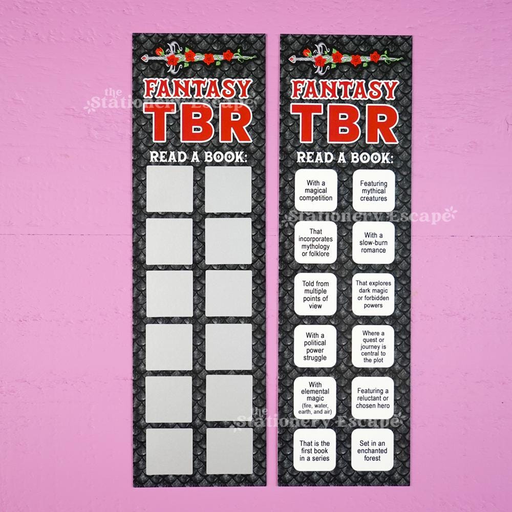 Fantasy TBR bookmarks on a pink background