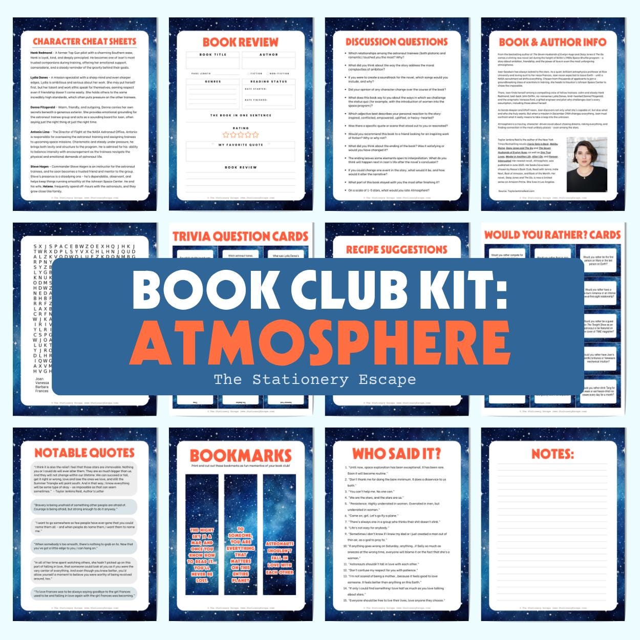 Collection of book club kit components with various forms and cards on a blue background.