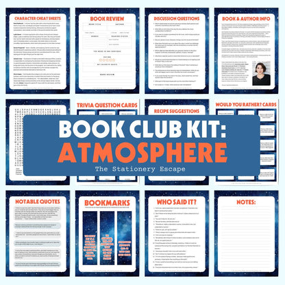 Collection of book club kit components with various forms and cards on a blue background.