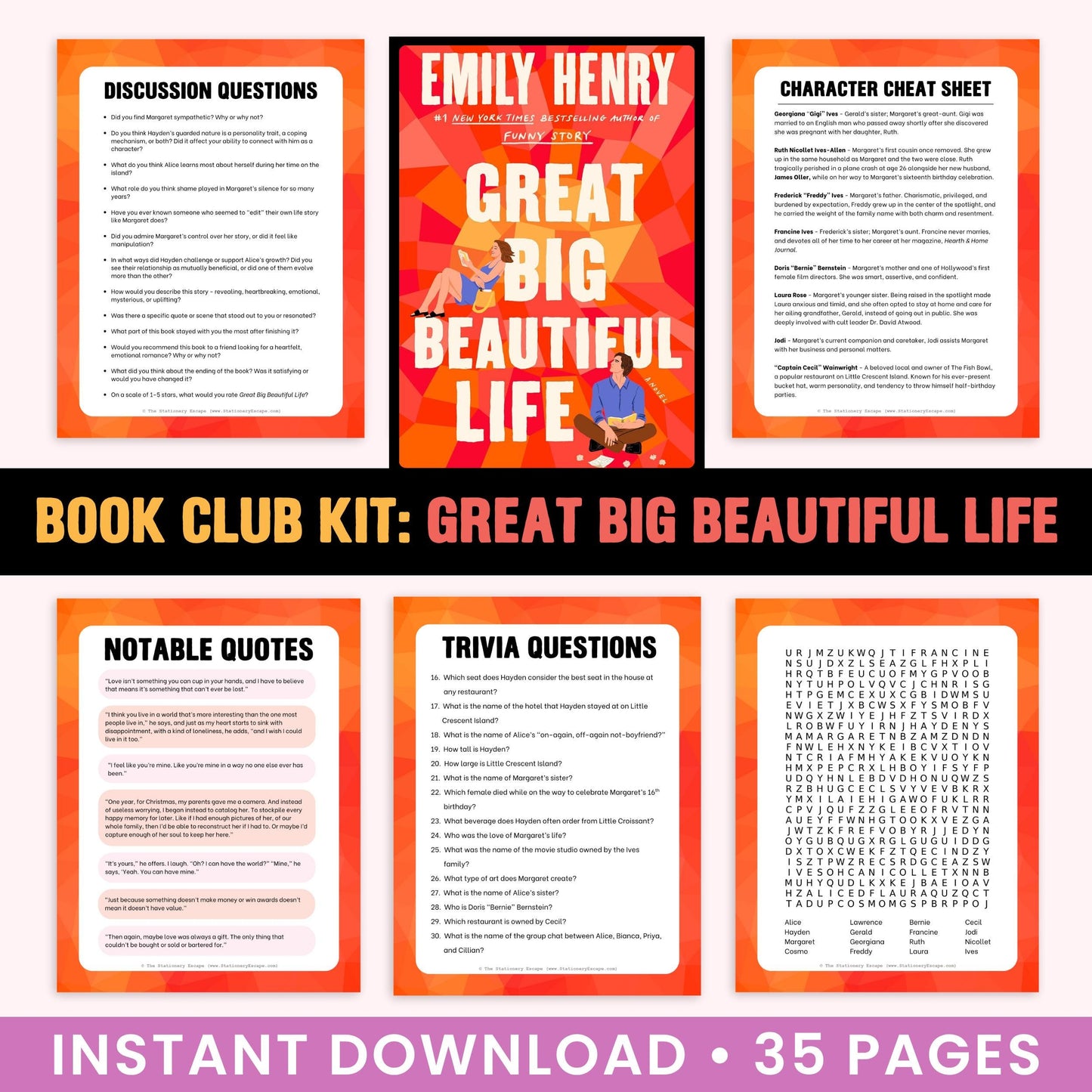Book Club Kit for 'Great Big Beautiful Life' by Emily Henry with discussion questions, character cheat sheet, notables quotes, trivia questions, and word search.