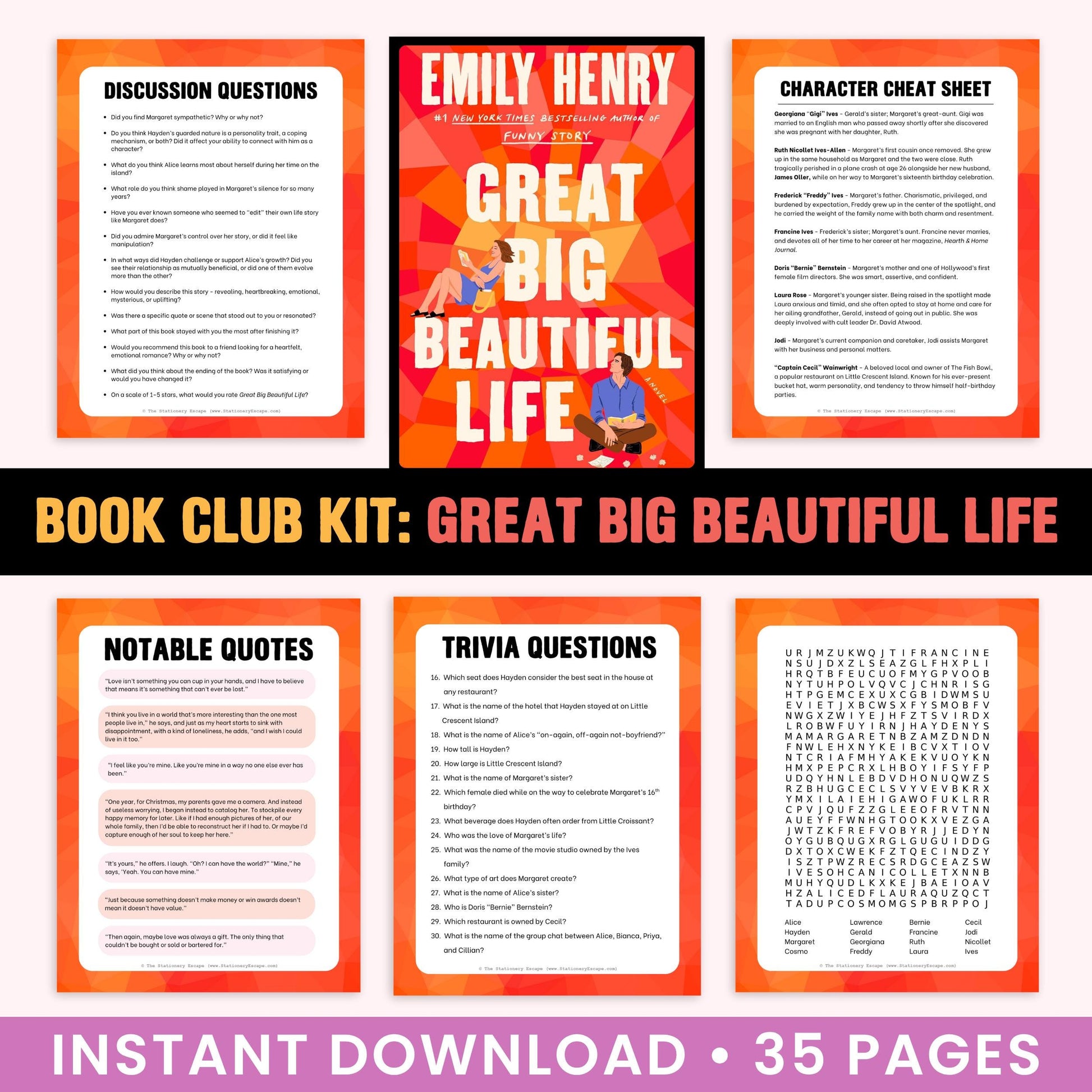 Book Club Kit for 'Great Big Beautiful Life' by Emily Henry with discussion questions, character cheat sheet, notables quotes, trivia questions, and word search.
