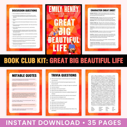 Book Club Kit for 'Great Big Beautiful Life' by Emily Henry with discussion questions, character cheat sheet, notables quotes, trivia questions, and word search.