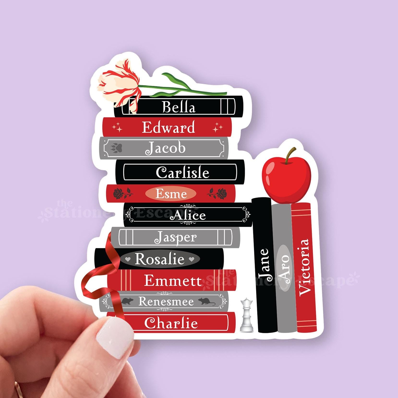 Stack of red and black sparkly vampire books with names on a purple background