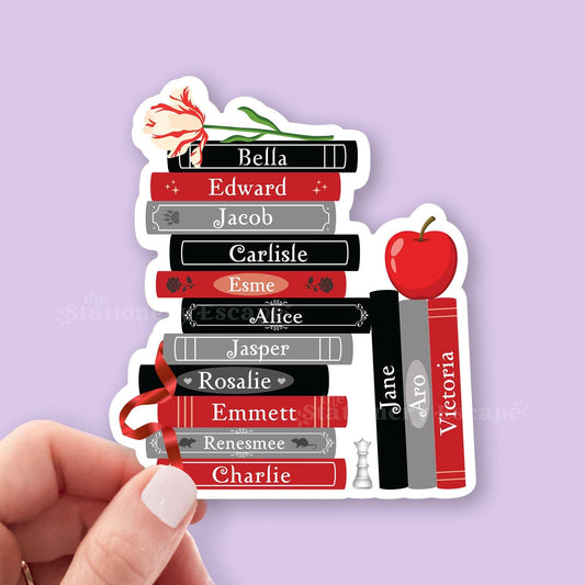 Stack of red and black sparkly vampire books with names on a purple background