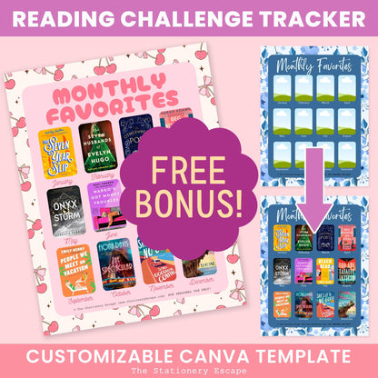 Reading challenge tracker with book covers and customizable Canva template on a pink background