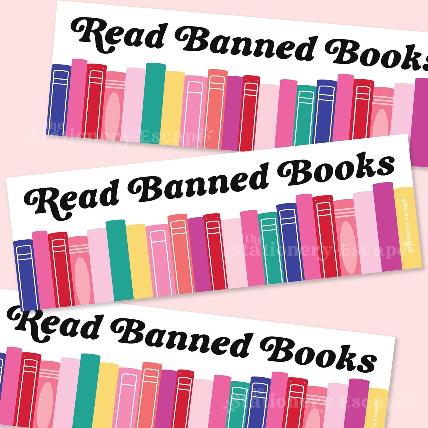Colorful book illustrations with 'Read Banned Books' text on a pink background