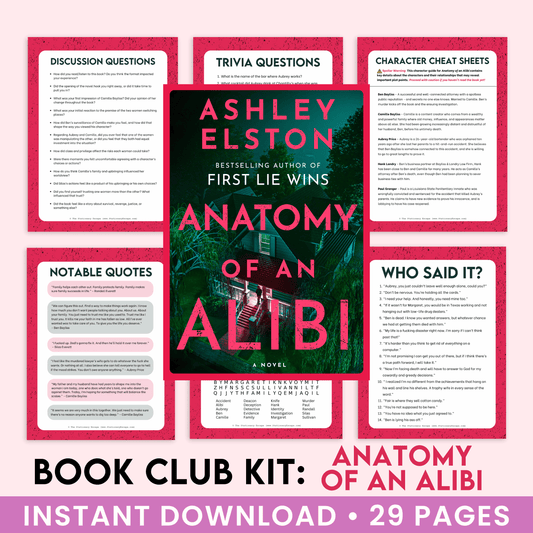 Book Club Kit for 'Anatomy of an Alibi' by Ashley Elston with various discussion question and quote sheets on a pink background.