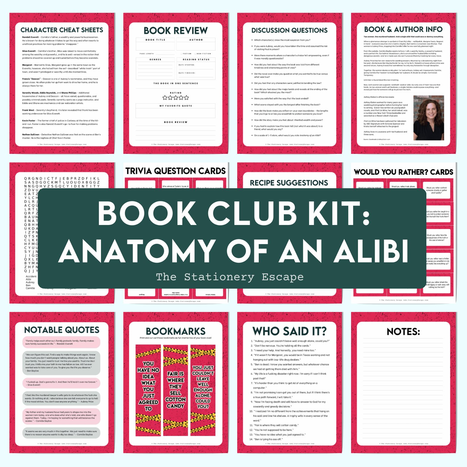 Collection of book club discussion cards with various prompts and a title card for 'Anatomy of an Alibi' kit.