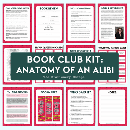 Collection of book club discussion cards with various prompts and a title card for 'Anatomy of an Alibi' kit.