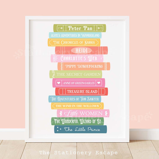 Framed colorful book stack art print featuring the spines and titles of classic children's books. 