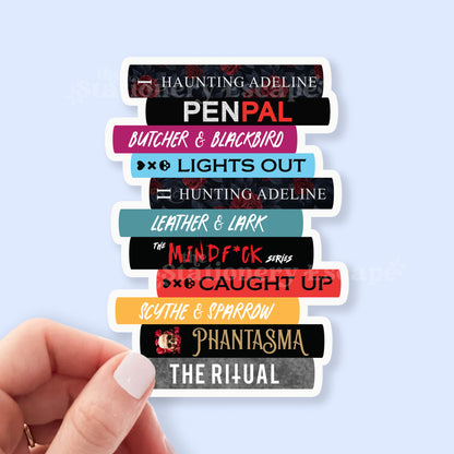 Sticker design with stack of popular dark romance books with titles on a light blue background