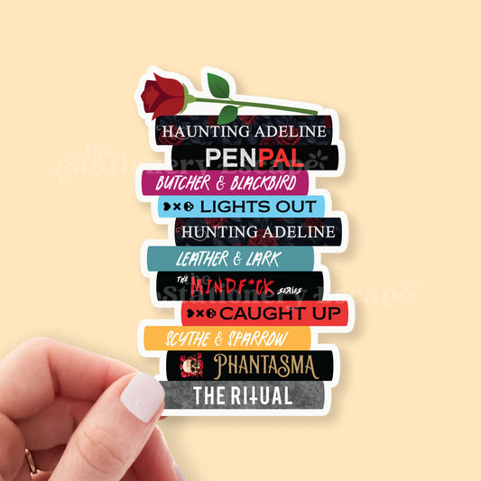 Sticker with popular dark romance book titles and a rose on a beige background
