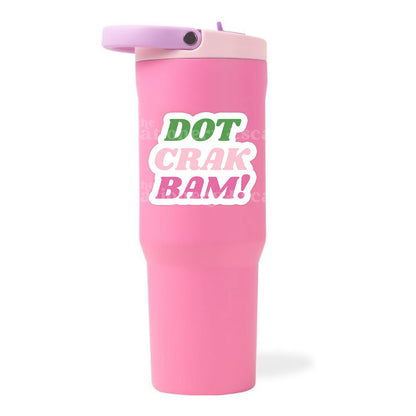 Pink tumbler with Dot Crak Bam! sticker on a white background