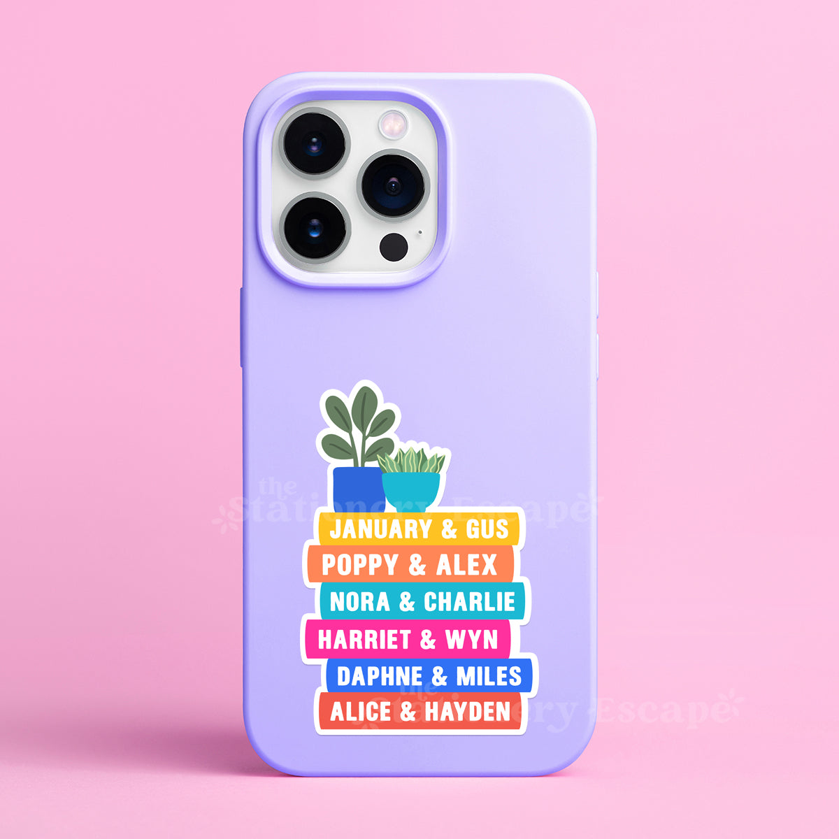 Purple phone case with Emily Henry book stack sticker on a pink background