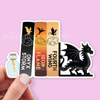 Empyrean Fourth Wing Book Stack Sticker with black dragon bookend and lightning in a bottle. 