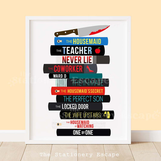 Framed book stack art print with titles featuring thriller titles by Freida McFadden. The book stack is topped with a bloodied butcher k nife. 