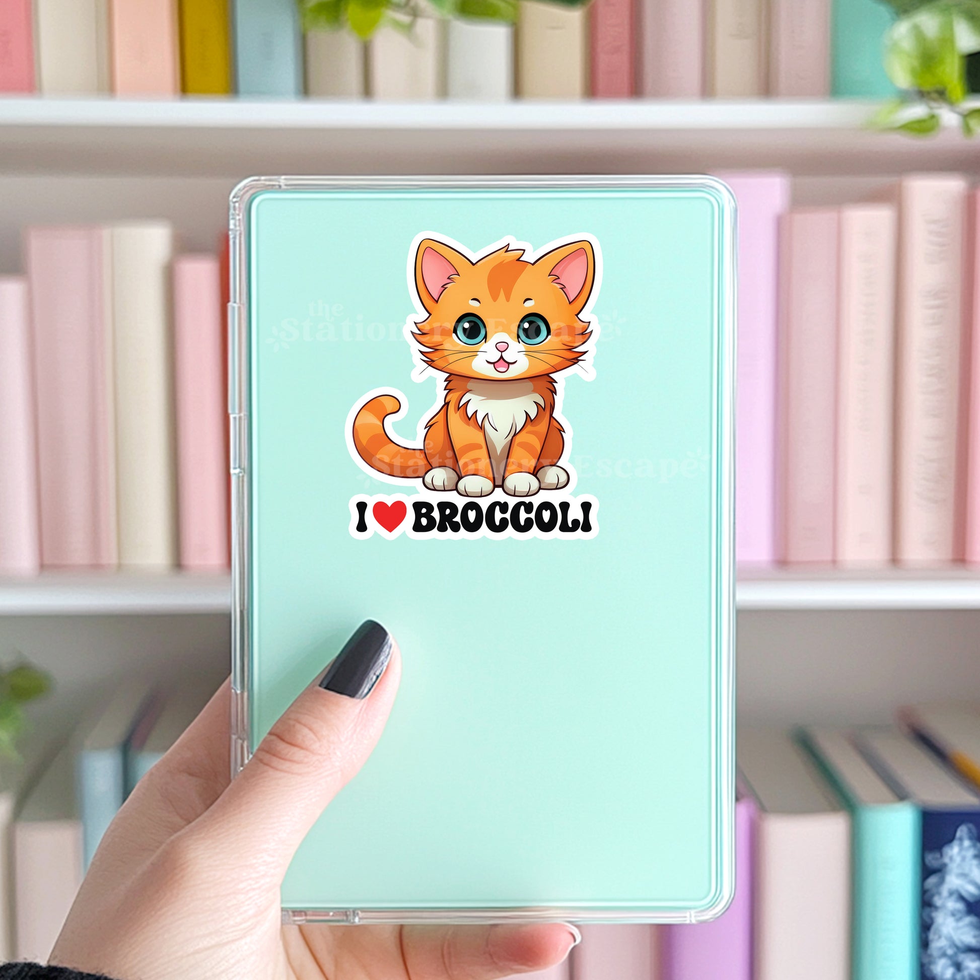 Kindle case with a cartoon cat and 'I ❤️ Broccoli!' sticker held by a hand in front of a bookshelf.