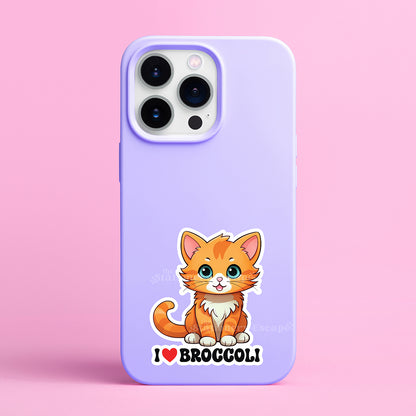 Phone case with an orange cat sticker and 'I ❤️ Broccoli' text on a pink background