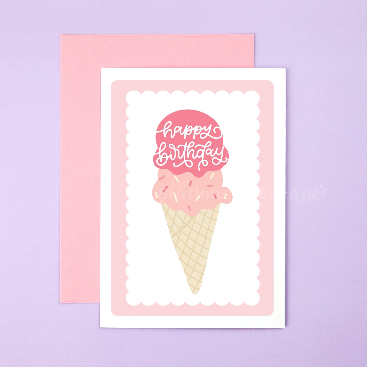 Greeting card with ice cream cone and 'Happy Birthday' text on a pink and purple gradient background