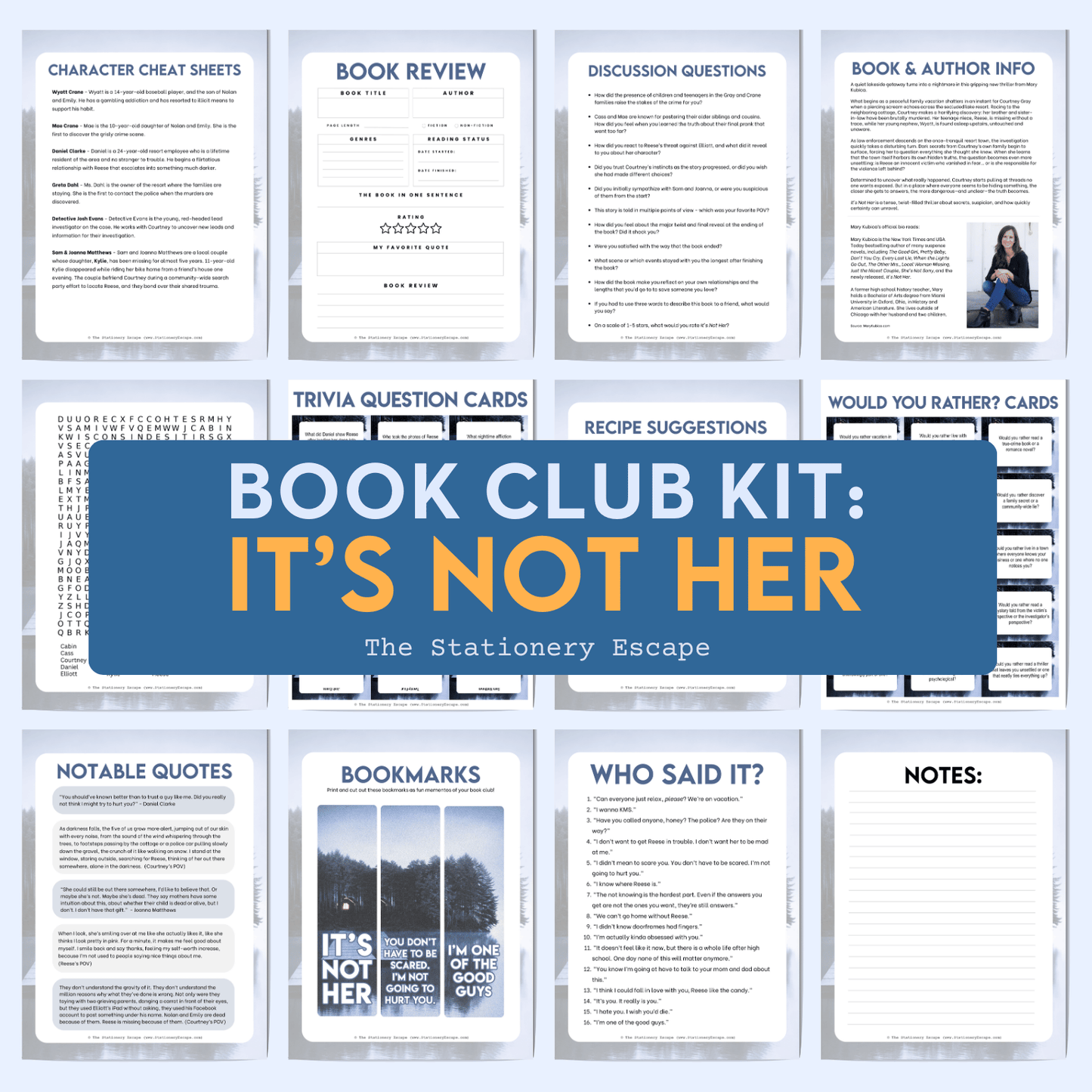 Collection of book club kit components with 'It's Not Her' theme on a white background.