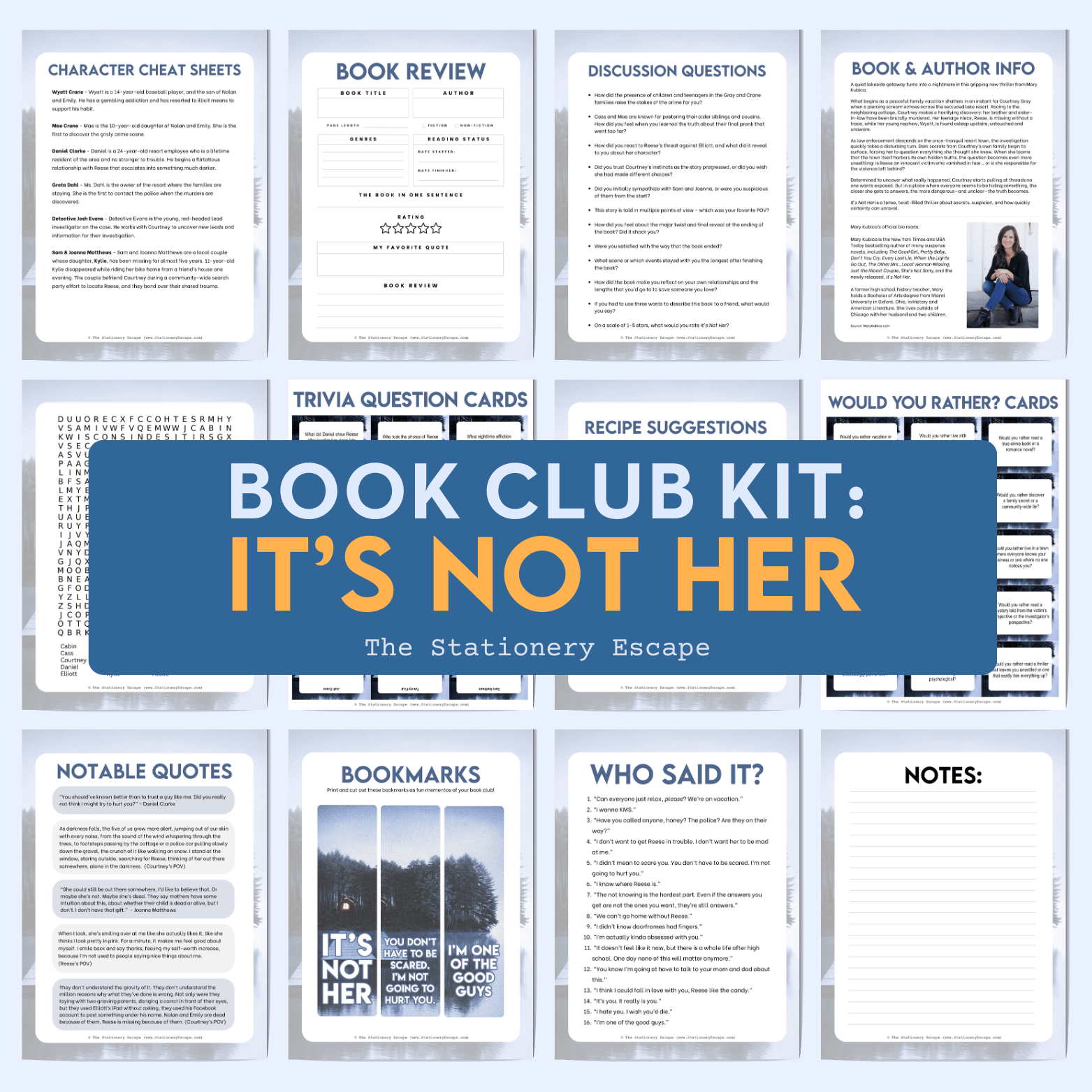 Collection of book club kit components with 'It's Not Her' theme on a white background.