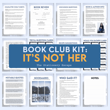 Collection of book club kit components with 'It's Not Her' theme on a white background.
