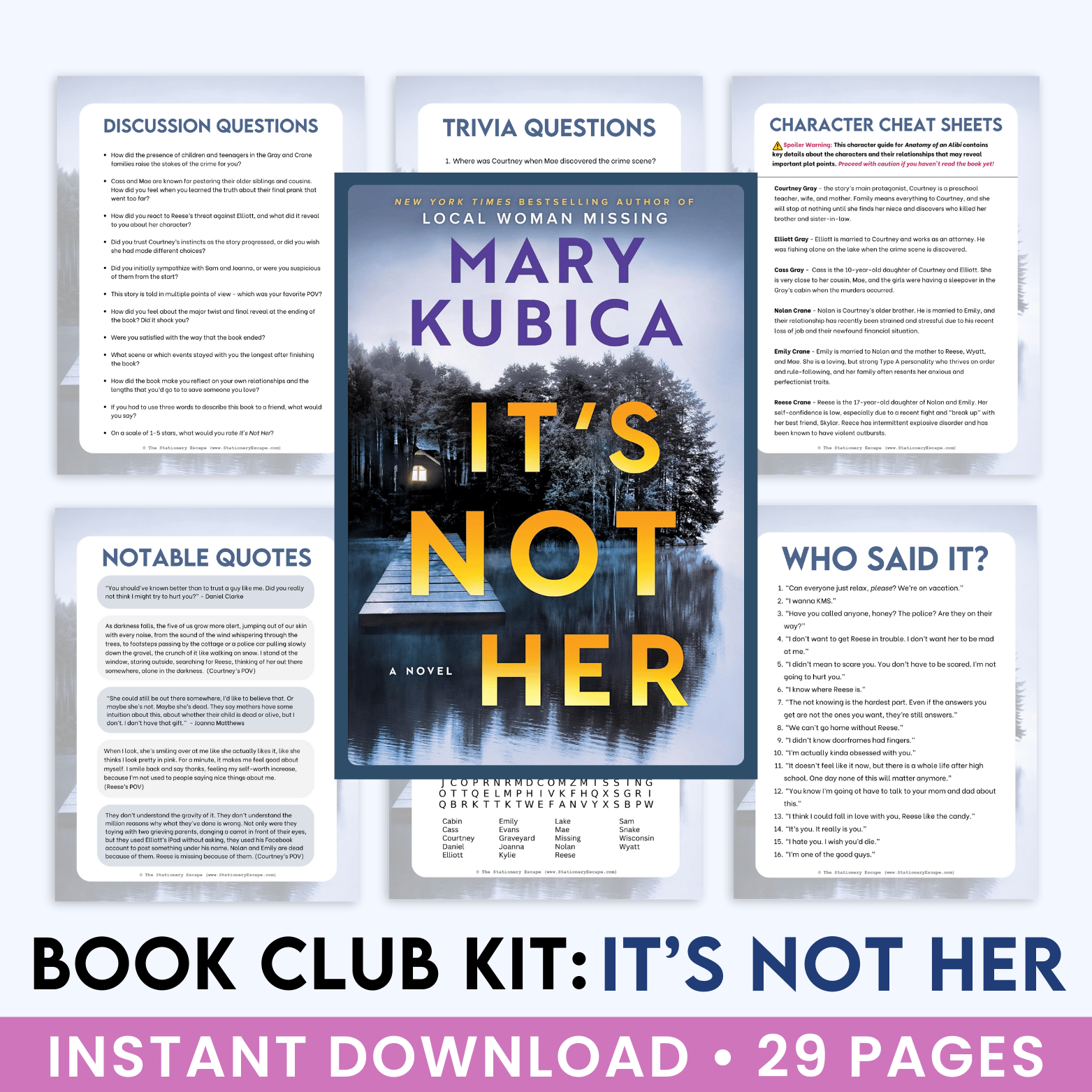 Book club kit for 'It's Not Her' by Mary Kubica with discussion questions, trivia, character cheat sheets, and more.