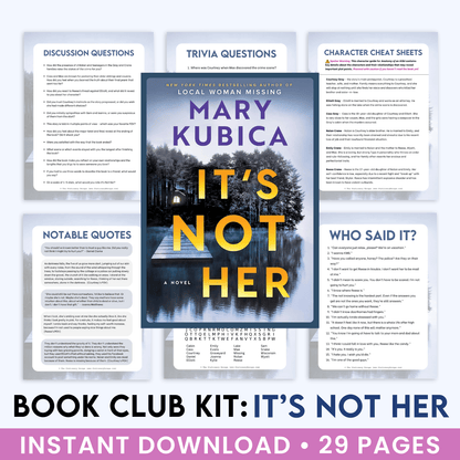 Book club kit for 'It's Not Her' by Mary Kubica with discussion questions, trivia, character cheat sheets, and more.