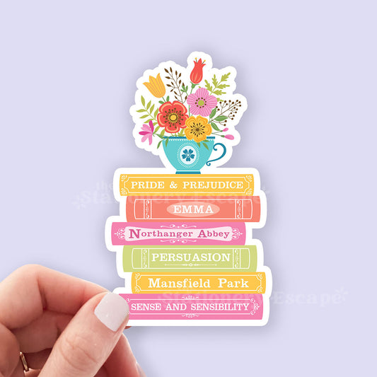 Sticker design of Jane Austen books with book titles and a floral teacup on a light purple background