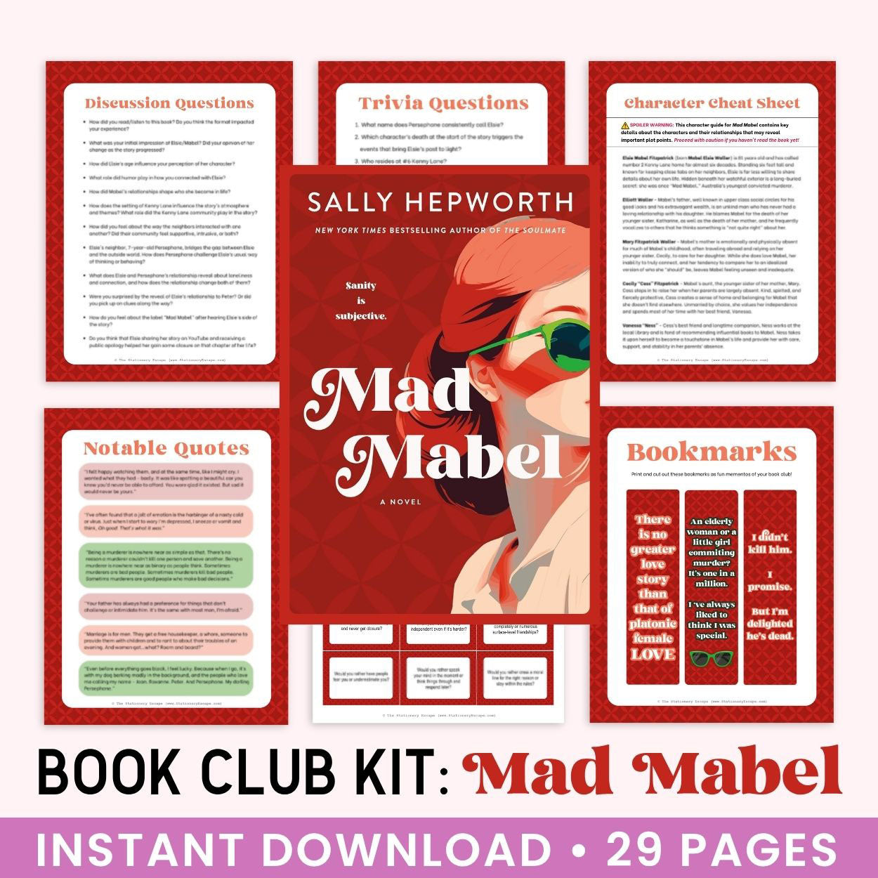 Book Club Kit for 'Mad Mabel' by Sally Hepworth with various pages displayed.