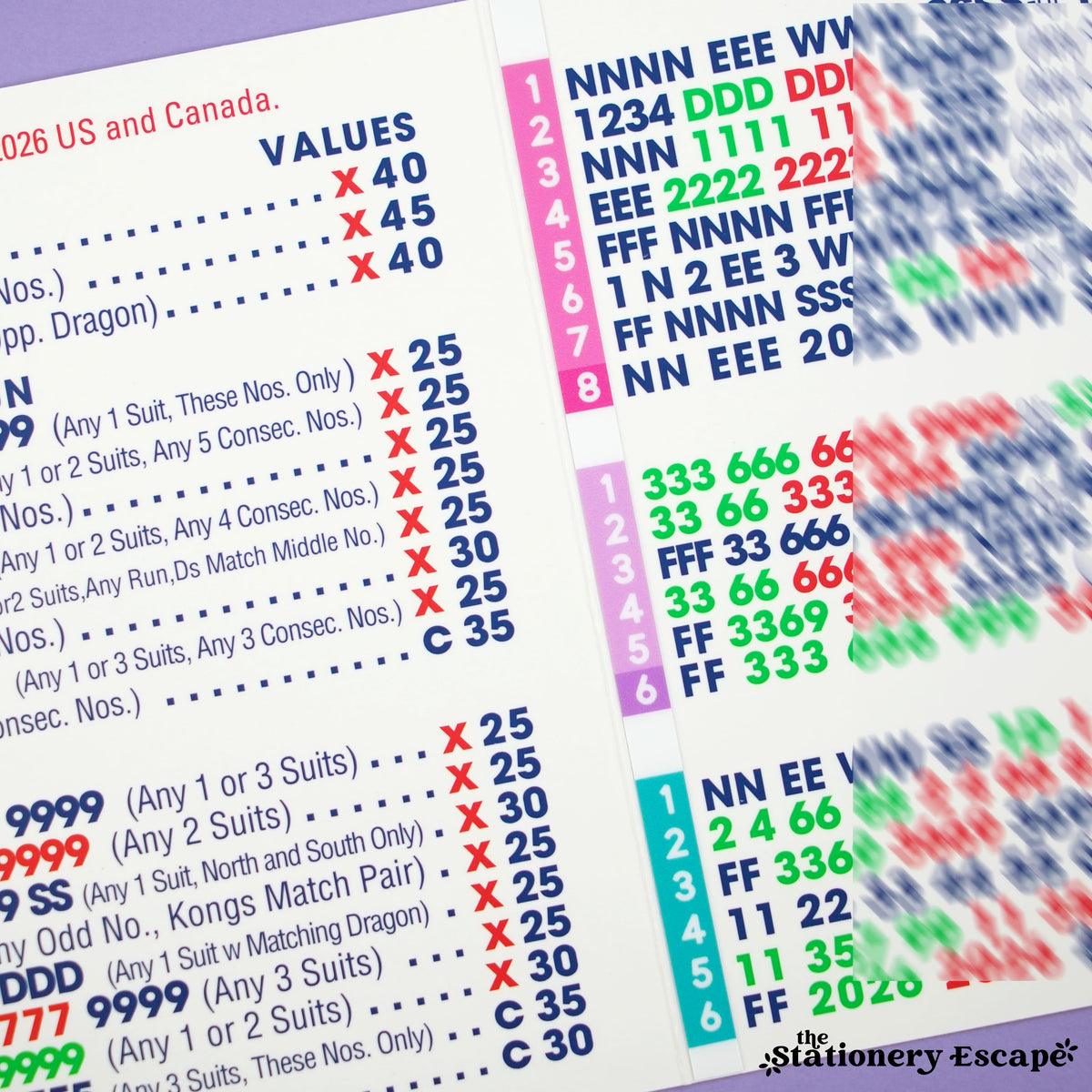 A close-up of NMJL 2026 mahjong card with mah jongg card line number stickers