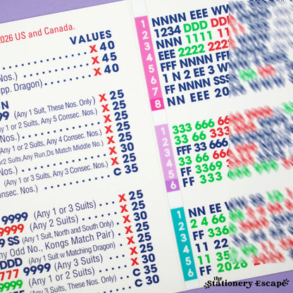 A close-up of NMJL 2026 mahjong card with mah jongg card line number stickers