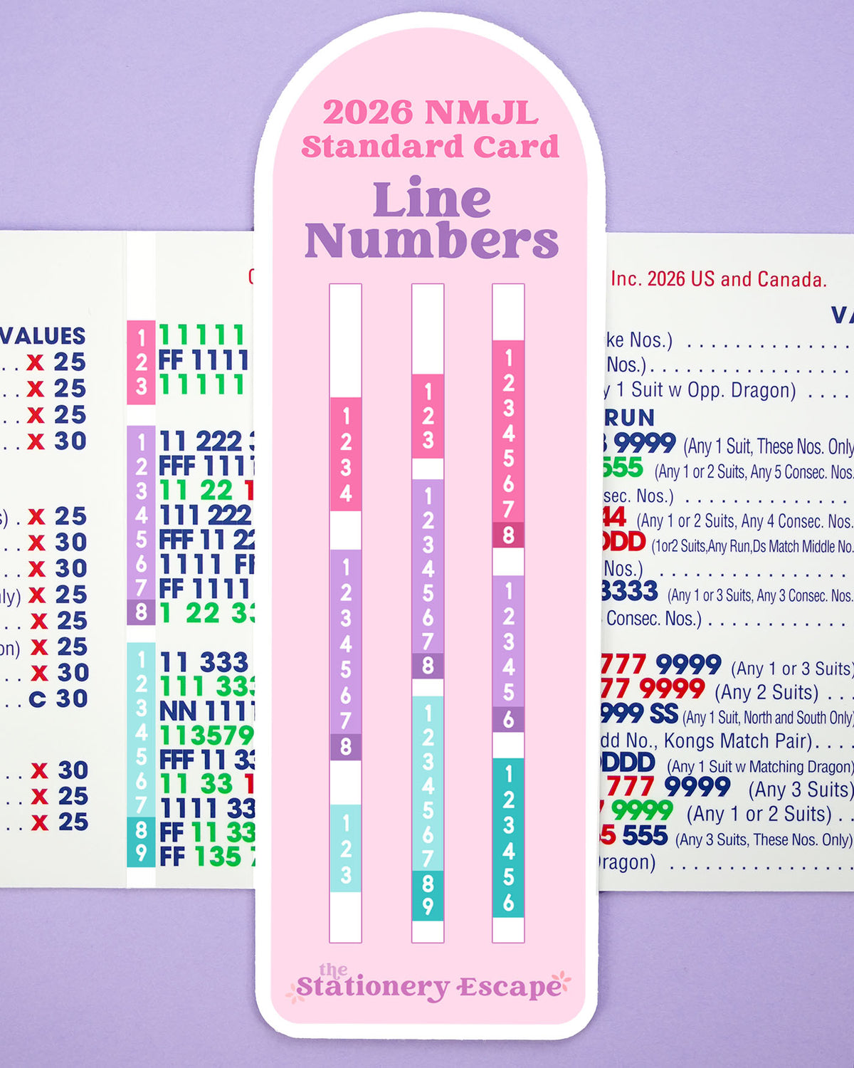 A pink and purple NMJL standard card line numbers stickers for 2026, with columns of numbers and a small logo at the bottom reading The Stationery Escape.
