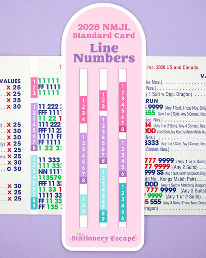 A pink and purple NMJL standard card line numbers stickers for 2026, with columns of numbers and a small logo at the bottom reading The Stationery Escape.