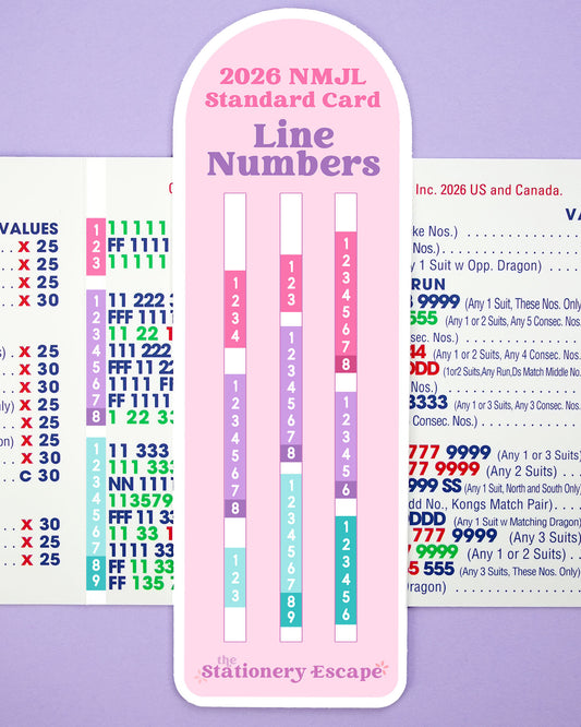 A pink and purple NMJL standard card line numbers stickers for 2026, with columns of numbers and a small logo at the bottom reading The Stationery Escape.