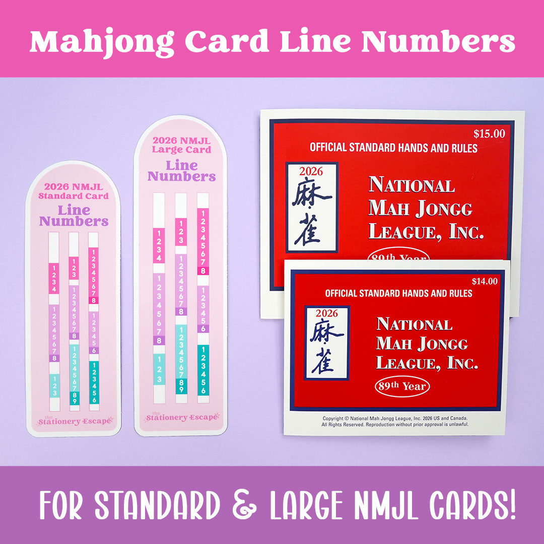 Mahjong card line numbers set for standard and large NMJL cards, including two pink line number strips and two red official standard hands and rules cards, shown on a lavender background with pink title banners.
