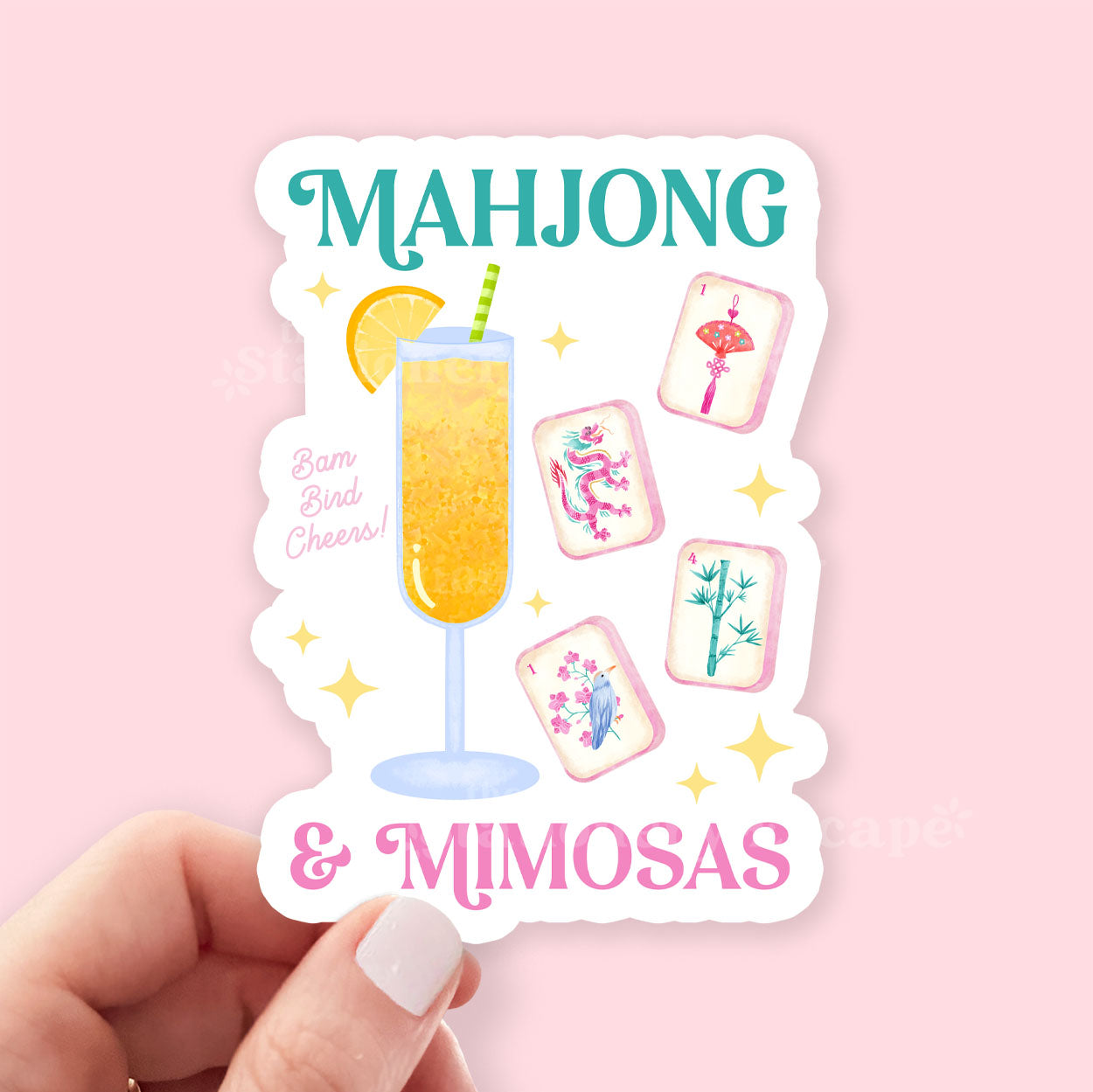 Sticker with 'Mahjong & Mimosas' text and a cocktail graphic on a pink background