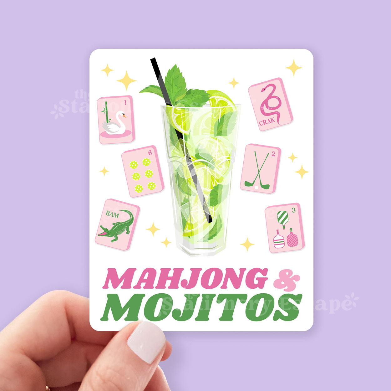 Sticker with a mojito illustration and Mahjong symbols on a purple background