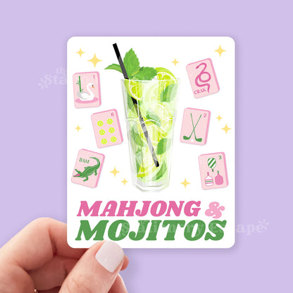 Sticker with a mojito illustration and Mahjong symbols on a purple background