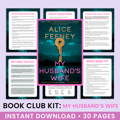 Book club kit for 'My Husband's Wife' by Alice Feeney with various discussion questions and trivia on a purple background.