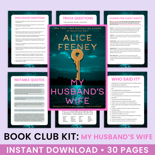 Book club kit for 'My Husband's Wife' by Alice Feeney with various discussion questions and trivia on a purple background.