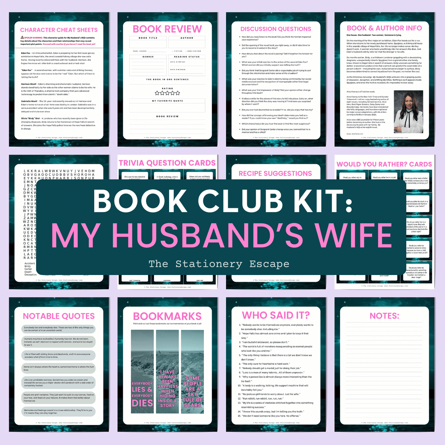 Collection of book club kit components with various text pages on a purple background.
