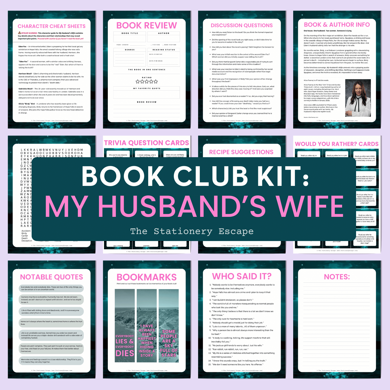 Collection of book club kit components with various text pages on a purple background.