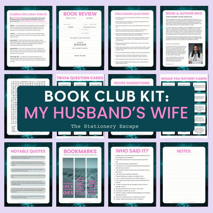 Collection of book club kit components with various text pages on a purple background.