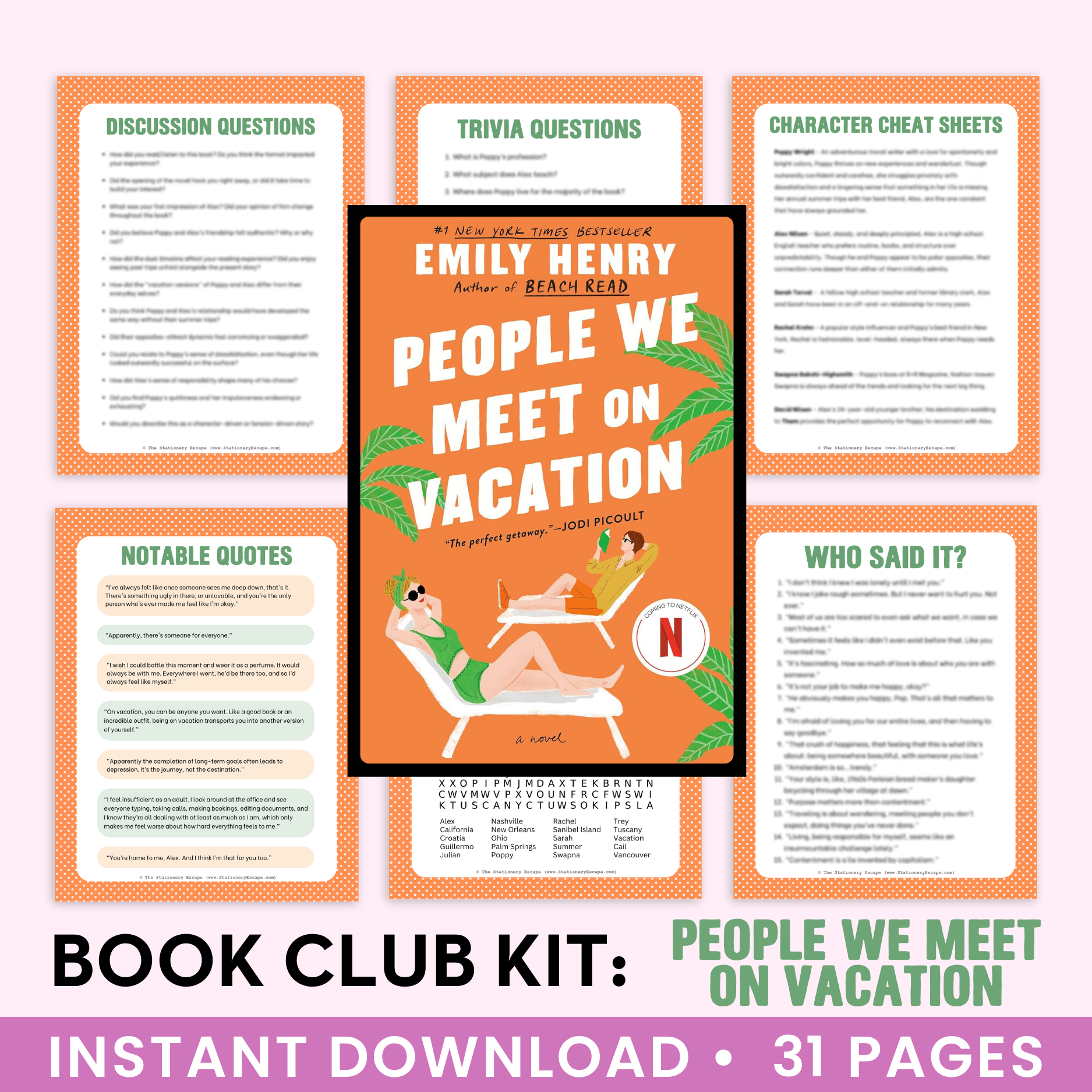 Book Club Kit for 'People We Meet on Vacation' by Emily Henry with various discussion and trivia questions.