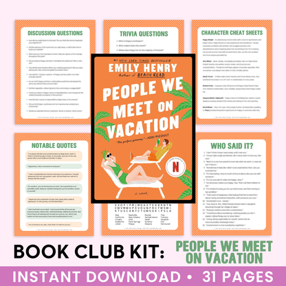 Book Club Kit for 'People We Meet on Vacation' by Emily Henry with various discussion and trivia questions.