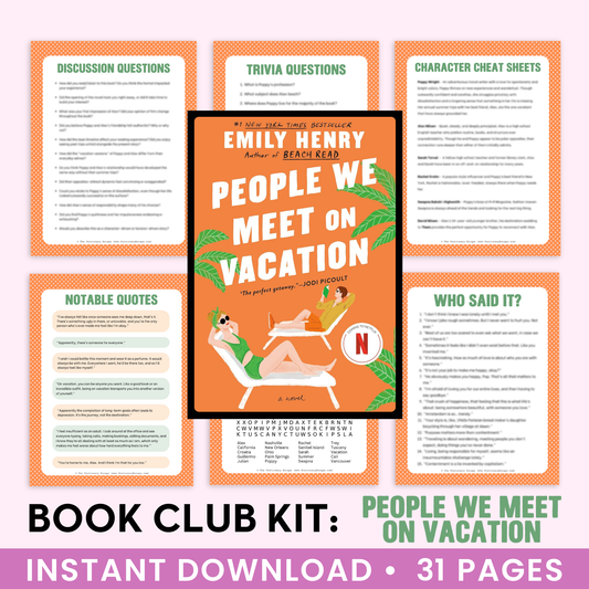 Book Club Kit for 'People We Meet on Vacation' by Emily Henry with various discussion and trivia questions.