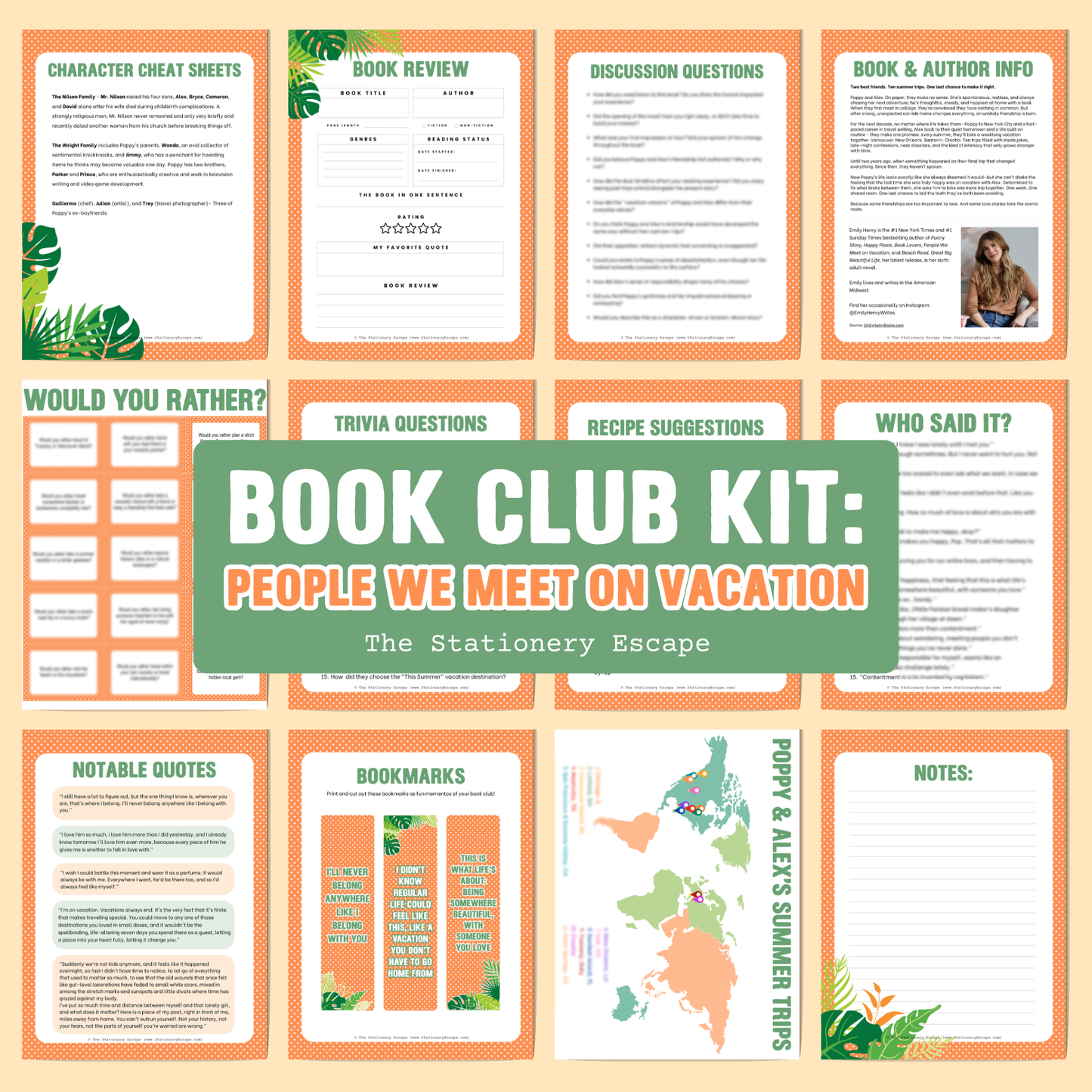 Collection of book club kit pages with various activities and questions on a beige background.