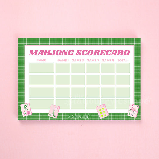 Mahjong scorecard with green grid border on a pink background